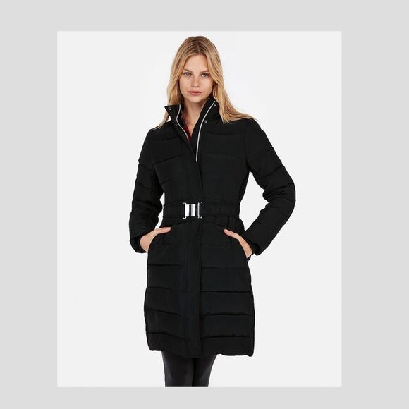 NEW EXPRESS Black Long Down Belted Smocked Puffer Jacket Coat XXS - Picture 8 of 10